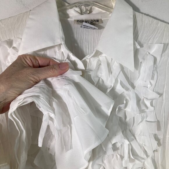 Womens Vintage Notations Crinkle Bow Bead Button Shirt Bell Sleeve M White - Picture 3 of 9